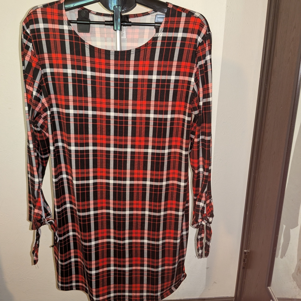 NY Invasion XL Red Black Pullover Plaid Tunic With Tie Sleeves Preppy Fall Loose